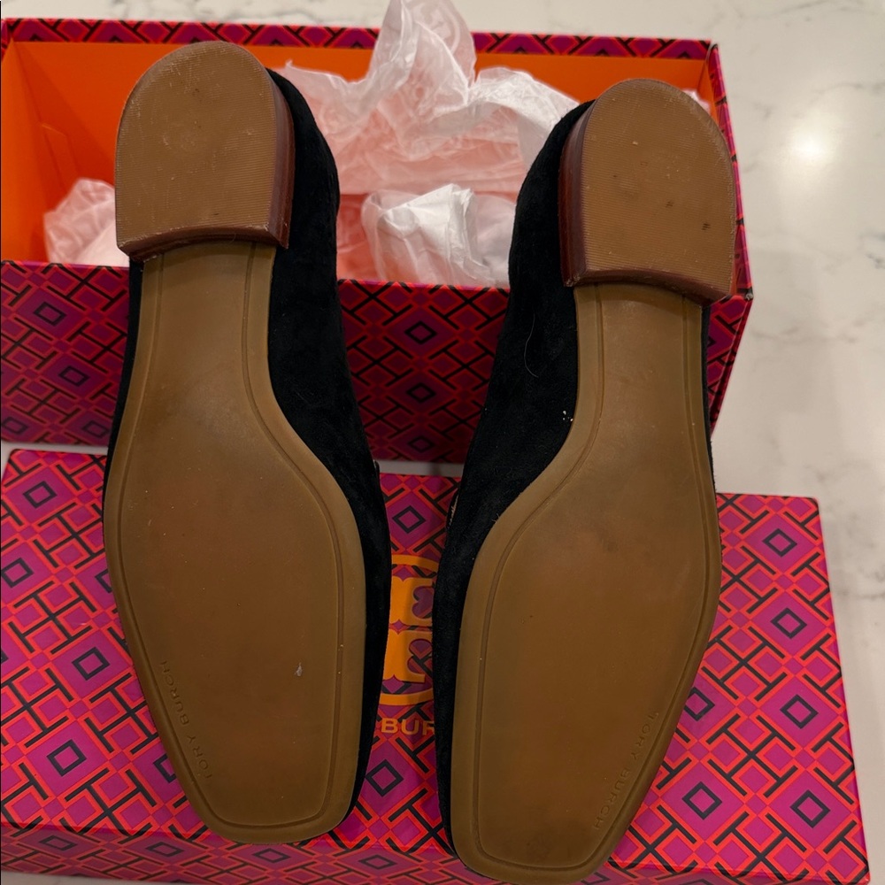 Tory Burch Black Suede Embossed Logo Loafers - Picture 2 of 6